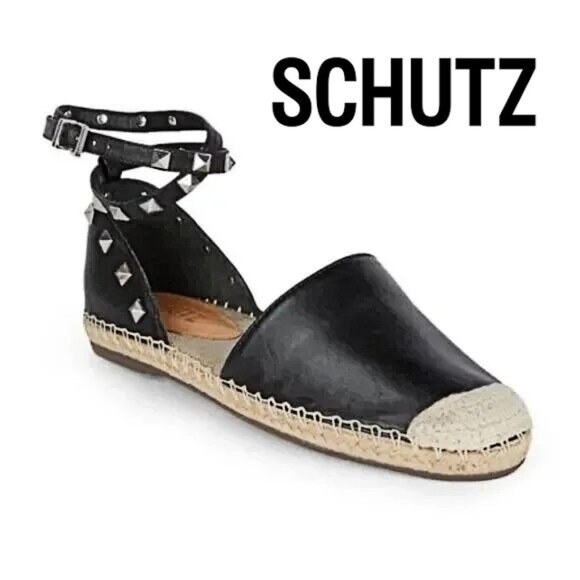 Schutz Koralina Black Leather Studded Espadrille Flats Ankle Wrap Straps SZ 8 - Picture 2 of 11